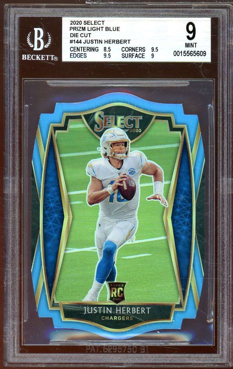 Justin Herbert Rookie Card 2020 Select Prizms Light Blue Die Cut #144 BGS 9 Image 1