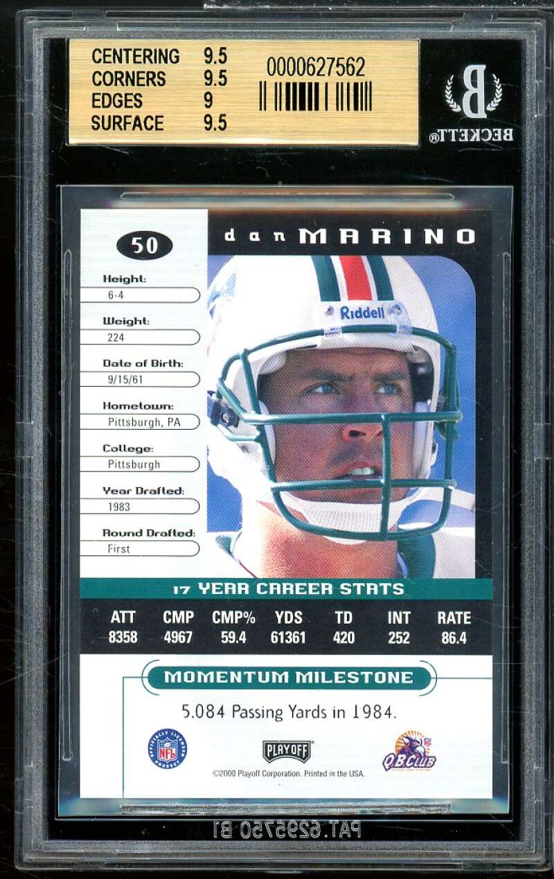 Dan Marino Card 2000 Playoff Momentum Graded Series #50 BGS 9.5 Image 2