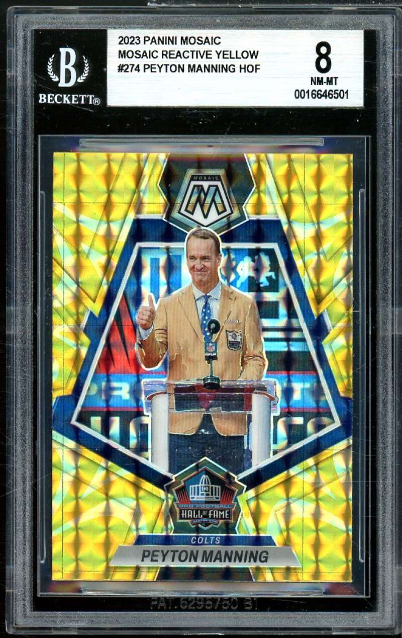 Peyton Manning Card 2023 Panini Mosaic Mosaic Reactive Yellow #274 BGS 8 Image 1