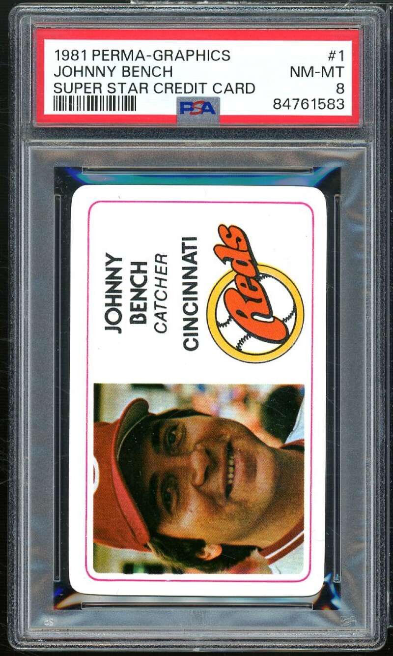 Johnny Bench Card 1981 Perma-Graphics Super Star Credit Card #1 PSA 8 Image 1