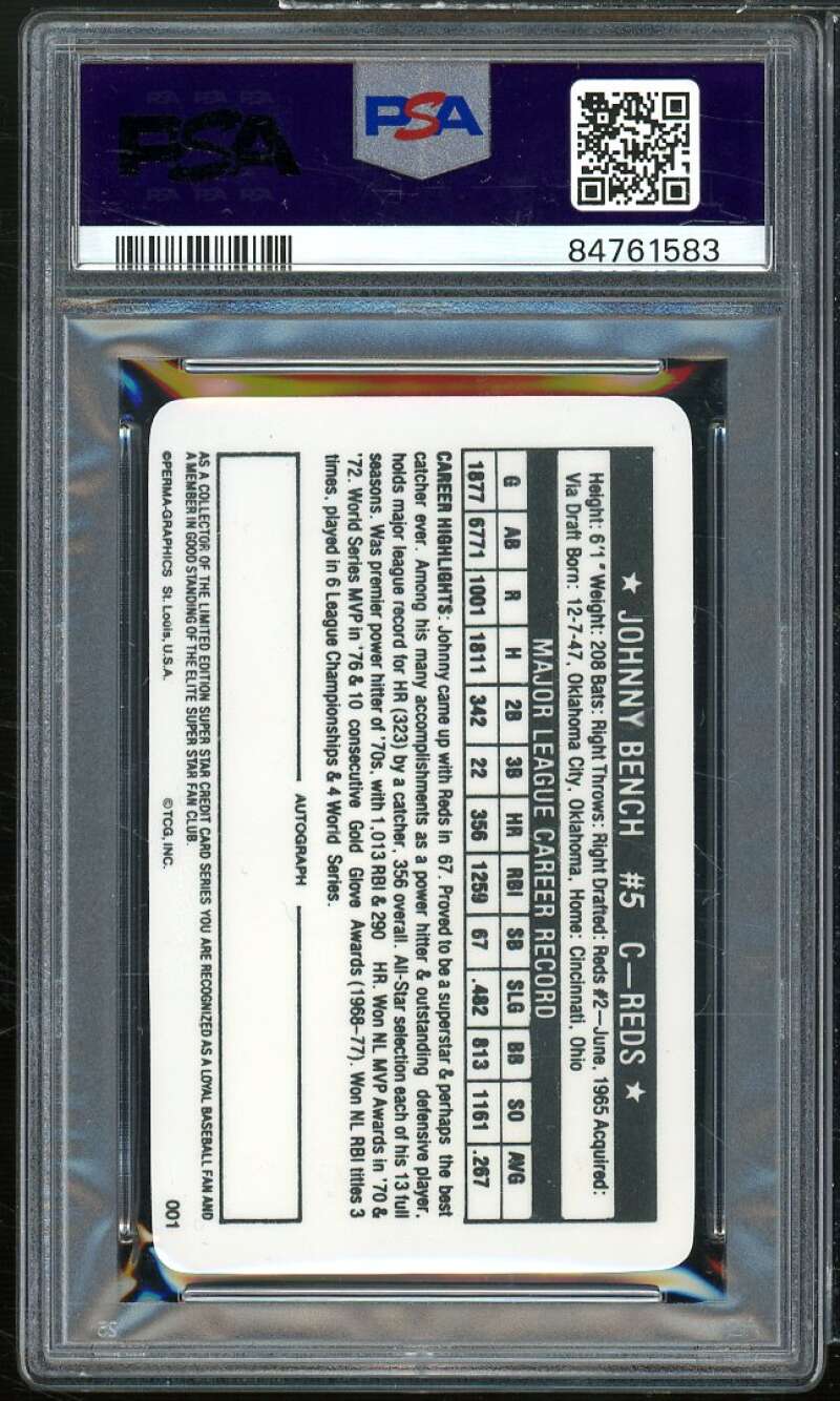 Johnny Bench Card 1981 Perma-Graphics Super Star Credit Card #1 PSA 8 Image 2