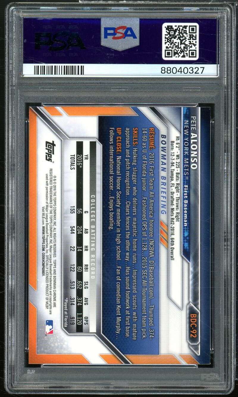 Pete Alonso Rookie Card 2016 Bowman Draft Chrome #bdc92 PSA 10 Image 2