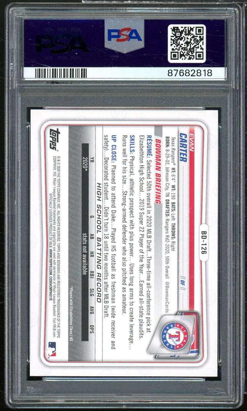 Evan Carter Rookie Card 2020 Bowman Draft #BD126 PSA 9 Image 2