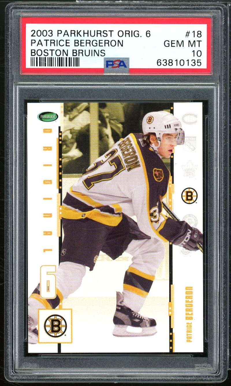 Patrice Bergeron Rookie Card 2003-04 Parkhurst Original 6 #18 PSA 10 Image 1