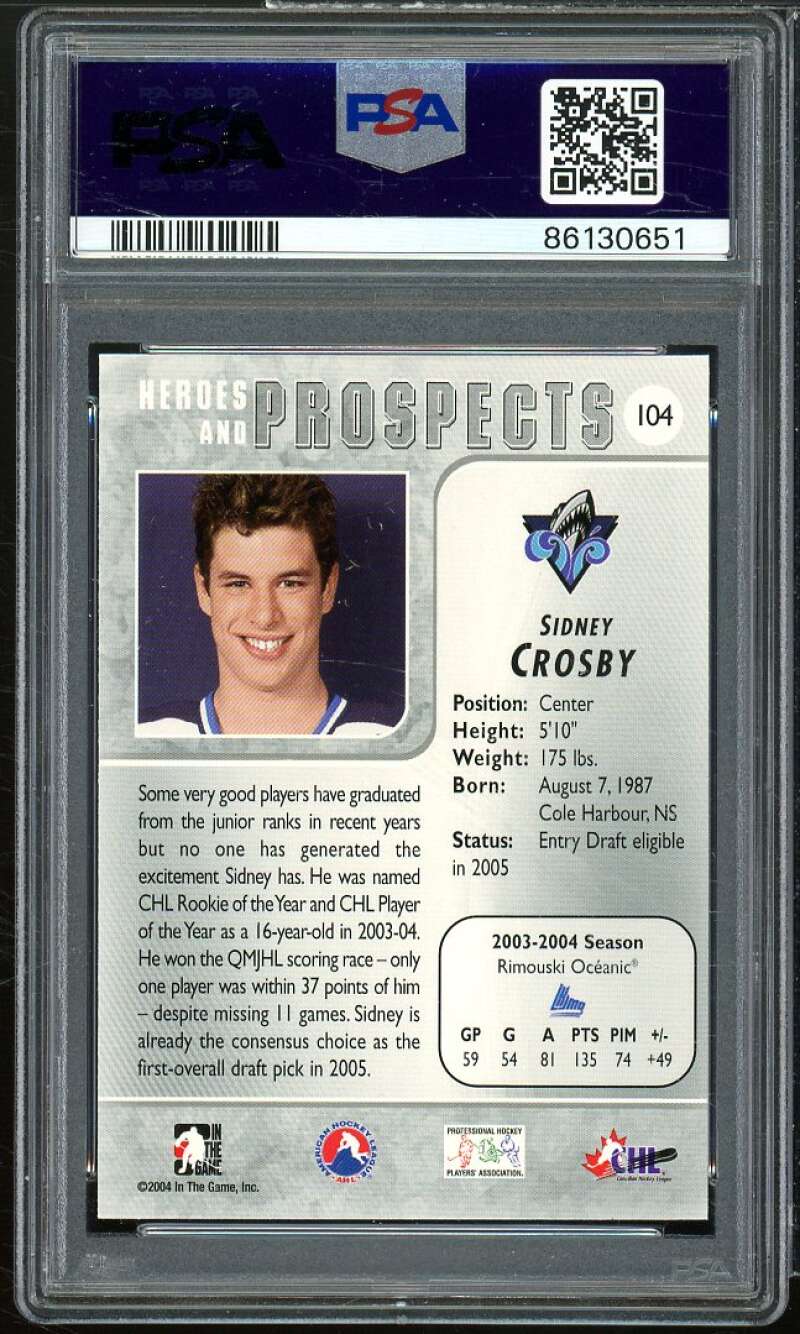 Sidney Crosby Rookie Card 2004-05 In The Game Heroes and Prospects #104 PSA 9 Image 2