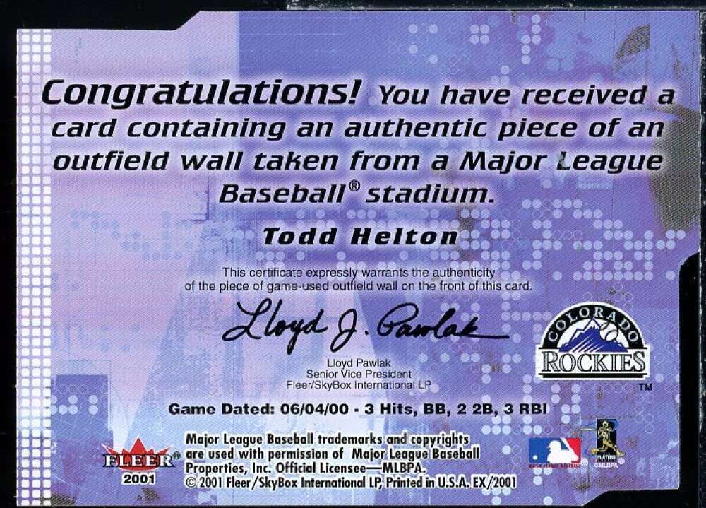 Todd Helton Card 2001 E-X Wall of Fame #12  Image 2