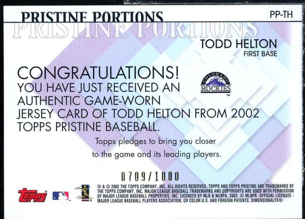 Todd Helton Jsy Card 2002 Topps Pristine Portions #TH  Image 2