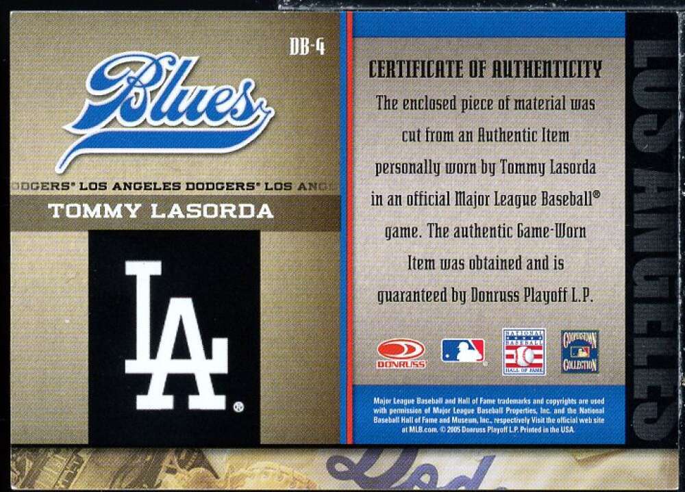 Tommy Lasorda Jsy Card 2005 Donruss Greats Dodger Blues LA Material #4  Image 2