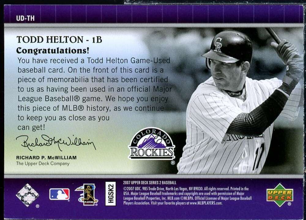 Todd Helton Card 2007 Upper Deck UD Game Materials #TH  Image 2