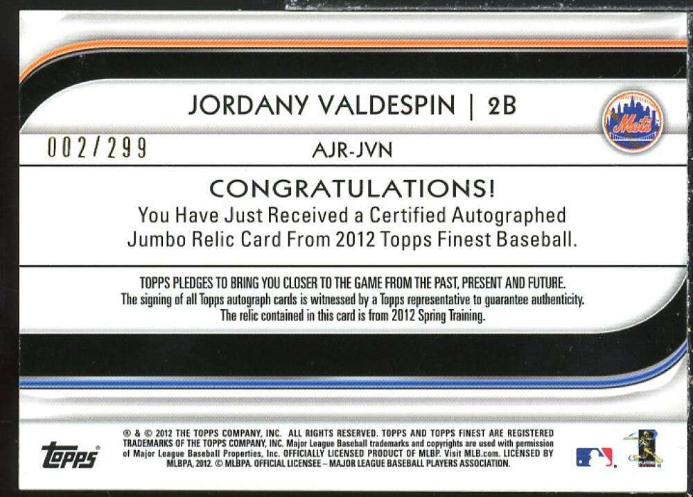 Jordany Valdespin RC 2012 Finest Rookie Jumbo Relic Autographs X-Fractors #JVN  Image 2