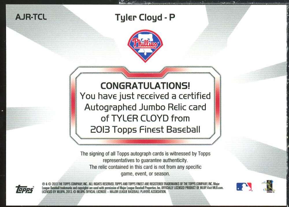 Tyler Cloyd Rookie 2013 Finest Rookie Jumbo Relic Autographs Refractors #TCL  Image 2