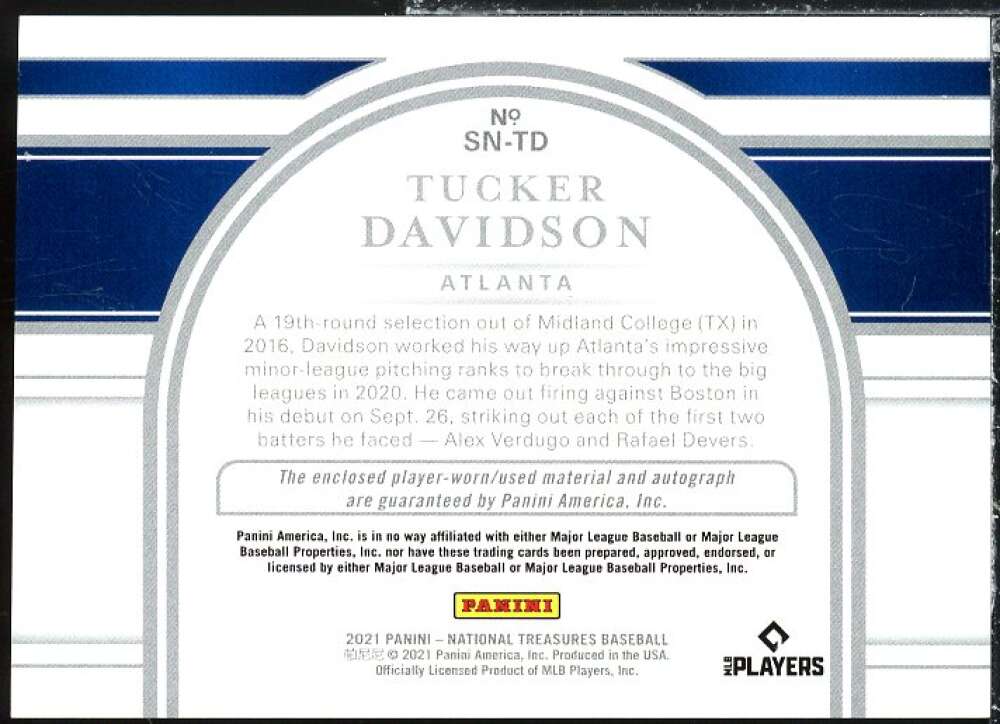 Tucker Davidson Rookie 2021 Panini National Treasures Signature Numbers #10  Image 2