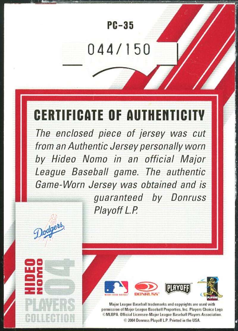 Hideo Nomo Dodgers Gray Card 2004 Studio Players Collection Jersey #35 Image 2