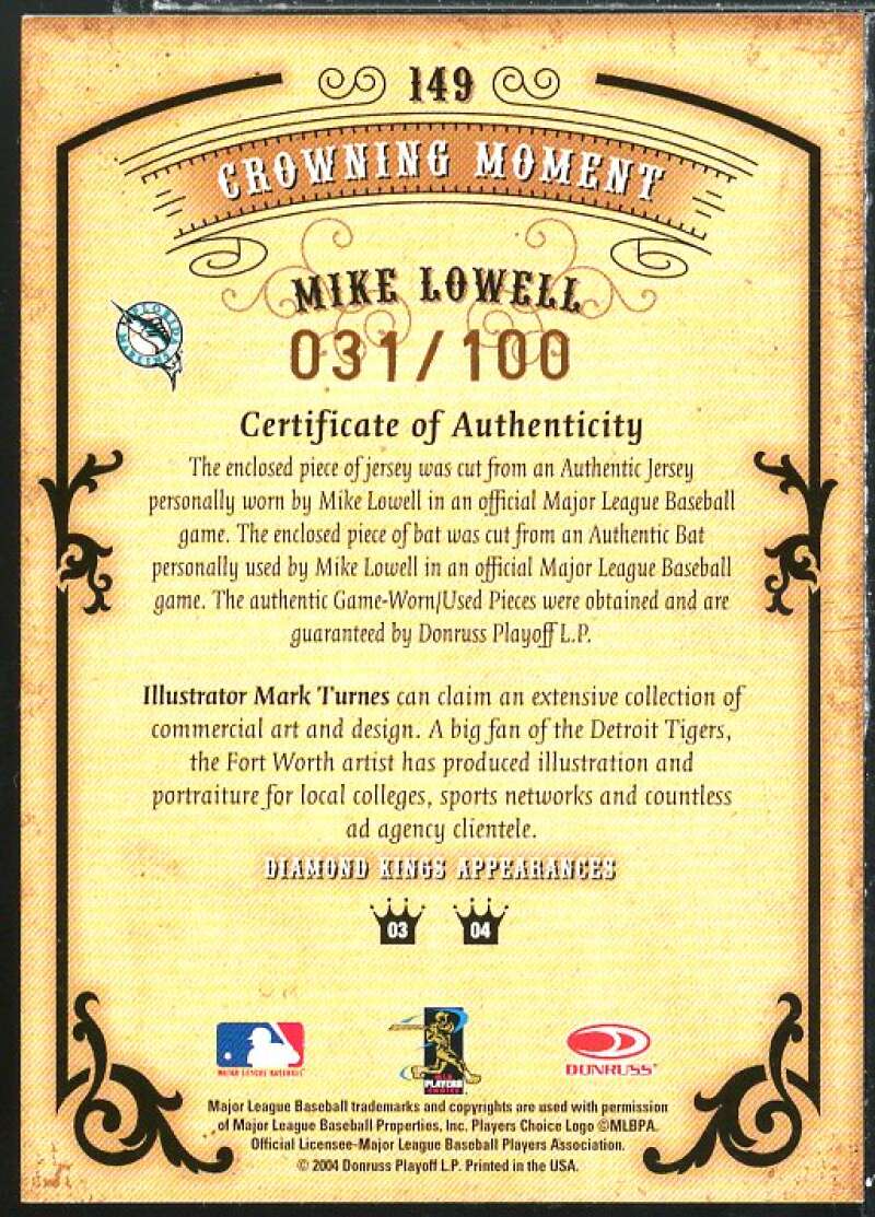 Mike Lowell Bat-Jsy Card 2004 Diamond Kings DK Materials Bronze #149 Image 2