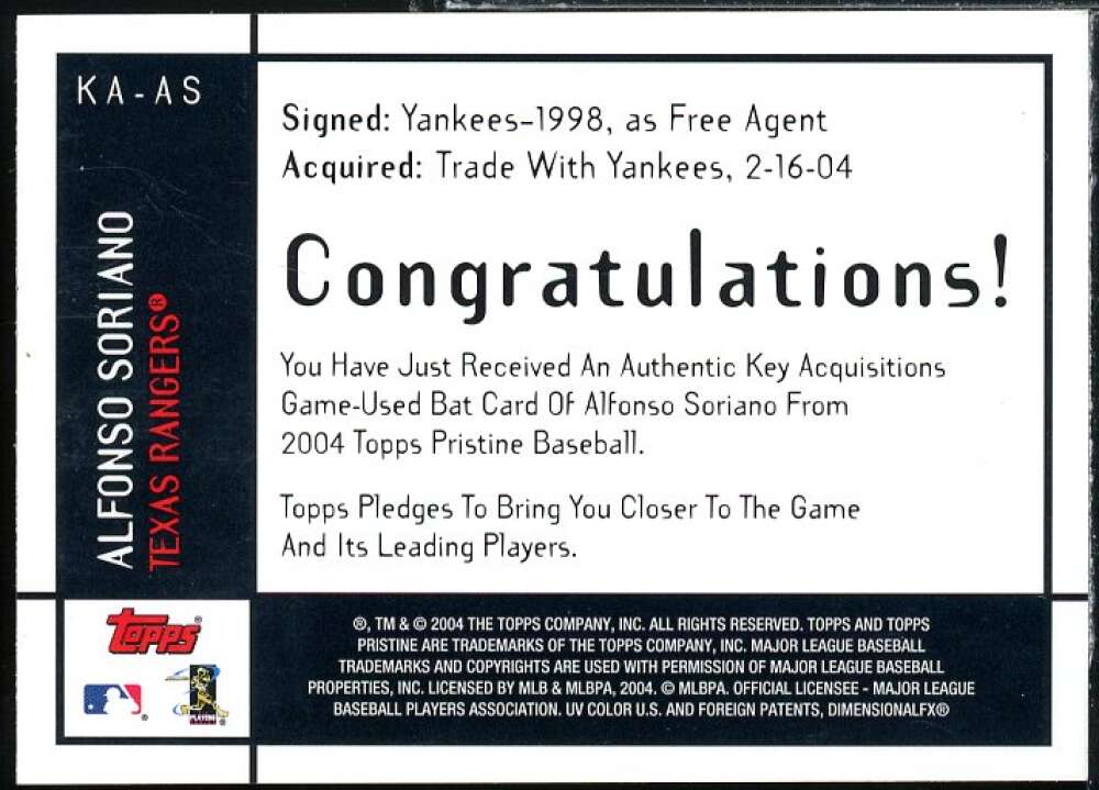 Alfonso Soriano Card 2004 Topps Pristine Key Acquisition Bat Relics #AS Image 2