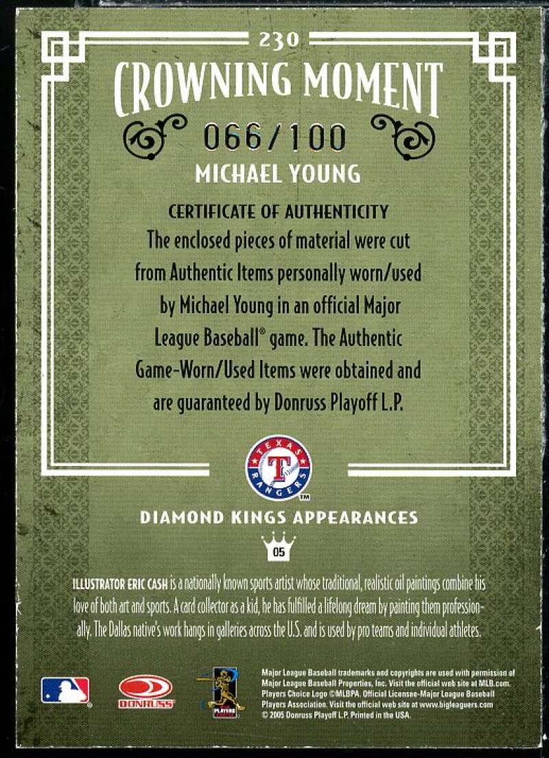 Michael Young Bat-Jsy Card 2005 Diamond Kings Materials Bronze B/W #230 Image 2