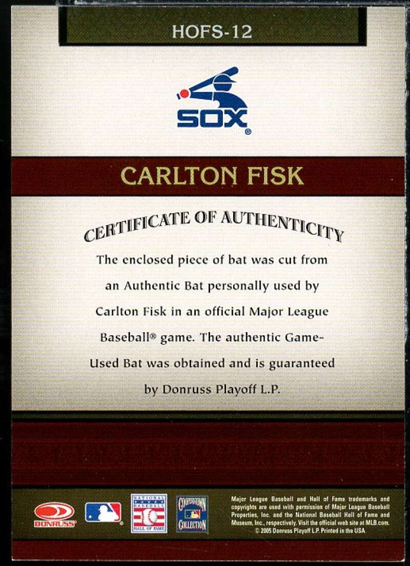 Carlton Fisk Card 2005 Donruss Greats Hall of Fame Souvenirs Material Bat #12 Image 2