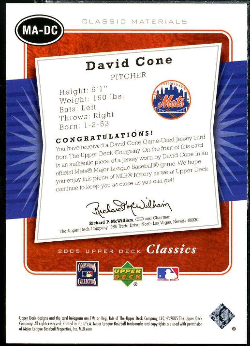 David Cone Jsy Card 2005 Upper Deck Classics Materials #DC Image 2