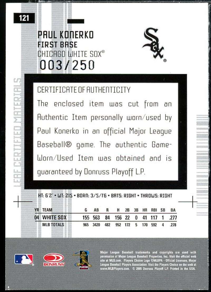 Paul Konerko Card 2005 Leaf Certified Materials Mirror Bat Red #121 Image 2