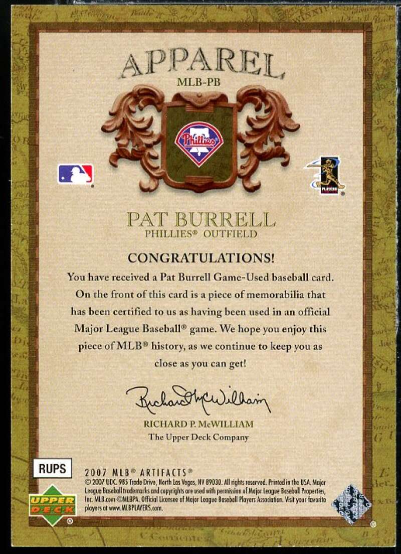 Pat Burrell Card 2007 Artifacts MLB Apparel Limited #PB Image 2