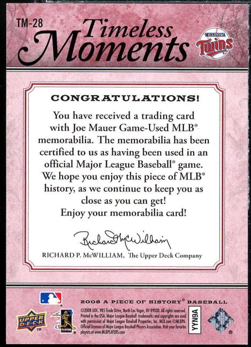 Joe Mauer Card 2008 UD A Piece of History Timeless Moments Jersey #28 Image 2