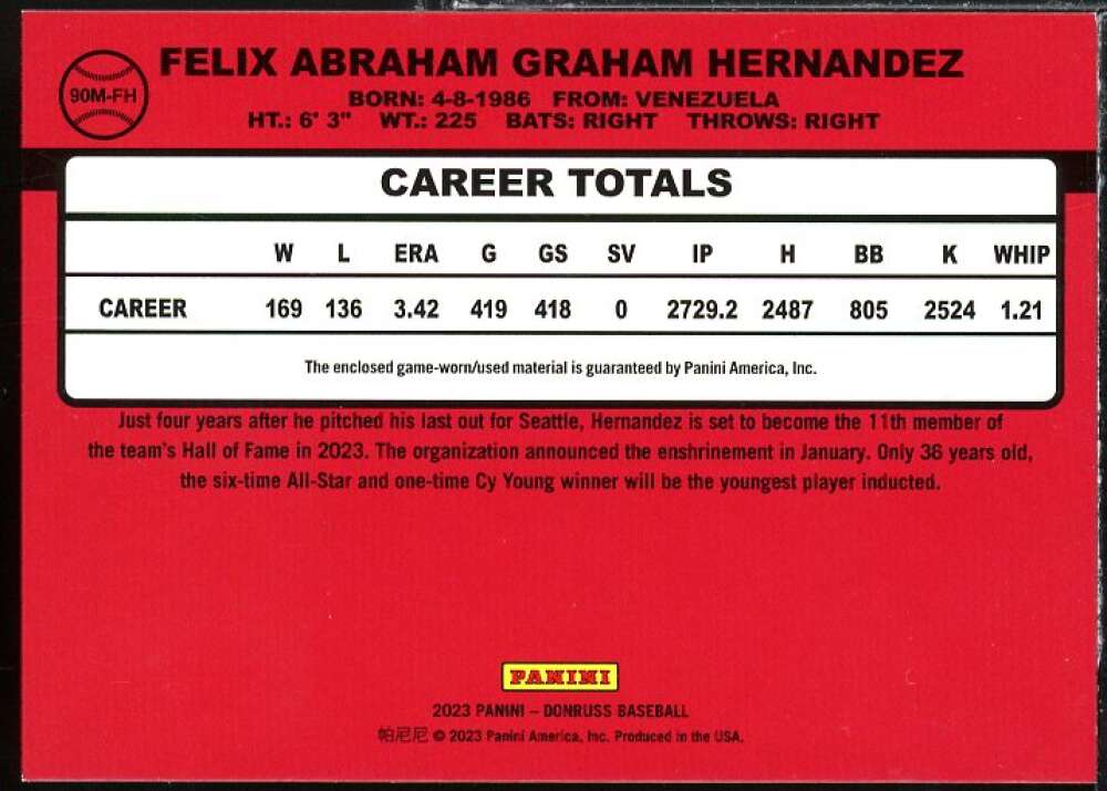 Felix Hernandez Card 2023 Donruss Retro '90 Materials #52 Image 2