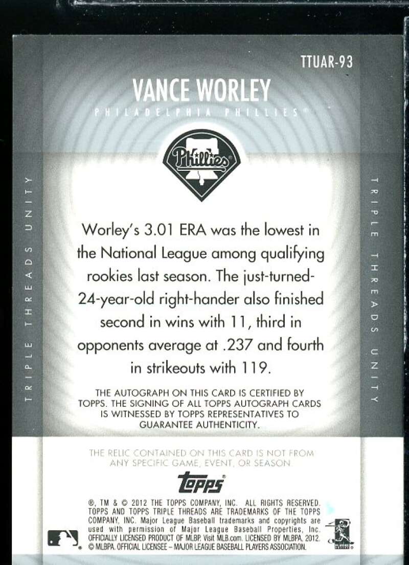 Vance Worley Rookie 2012 Topps Triple Threads Unity Relic Autographs #UAR93 Image 2