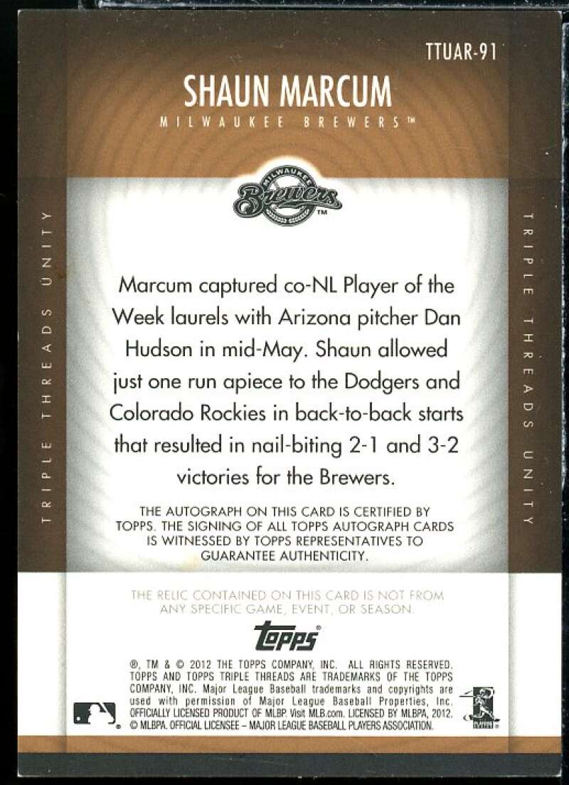 Shaun Marcum Card 2012 Topps Triple Threads Unity Relic Autographs Sepia #AR91 Image 2