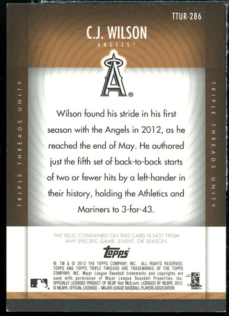 C.J. Wilson Card 2012 Topps Triple Threads Unity Relics Sepia #UR284 Image 2