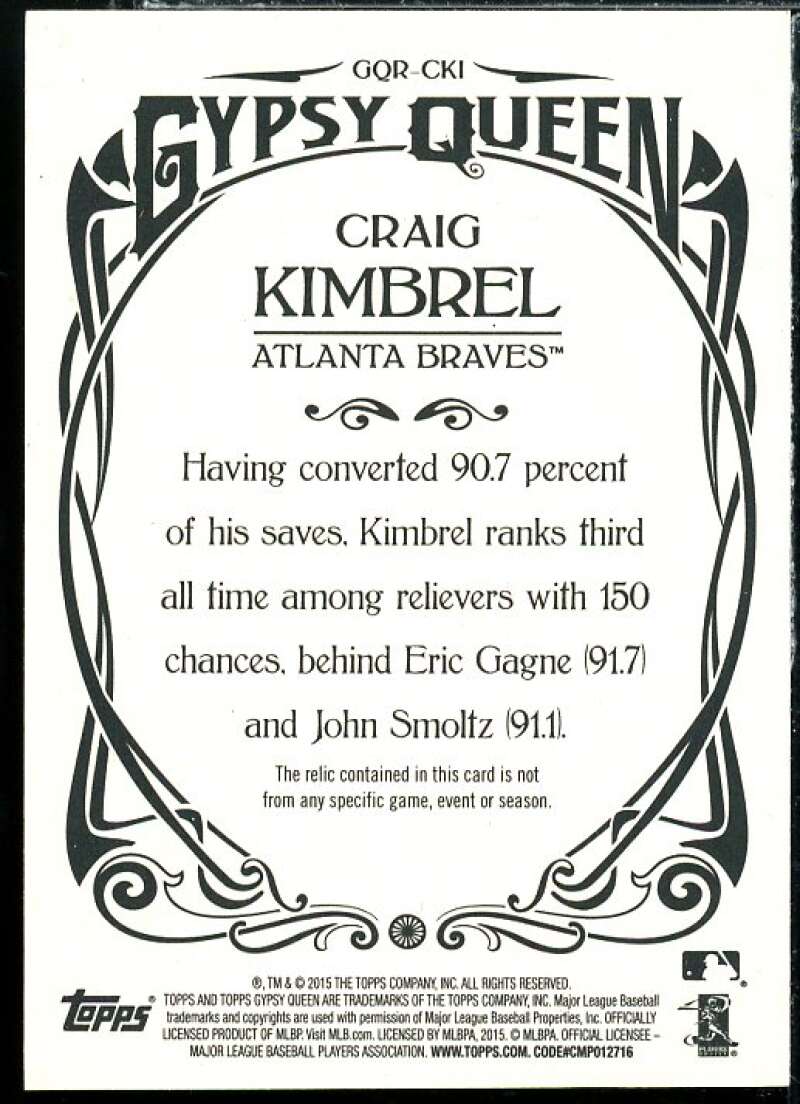 Craig Kimbrel Card 2015 Topps Gypsy Queen Relics #GQRCKI Image 2