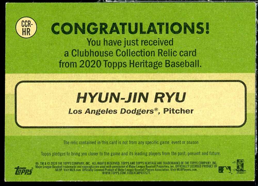 Hyun-Jin Ryu Card 2020 Topps Heritage Clubhouse Collection Relics #CCRHR Image 2