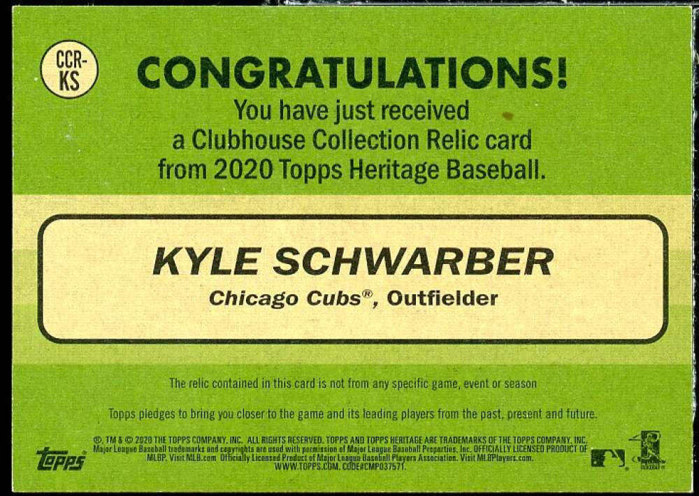 Kyle Schwarber Card 2020 Topps Heritage Clubhouse Collection Relics #CCRKS Image 2