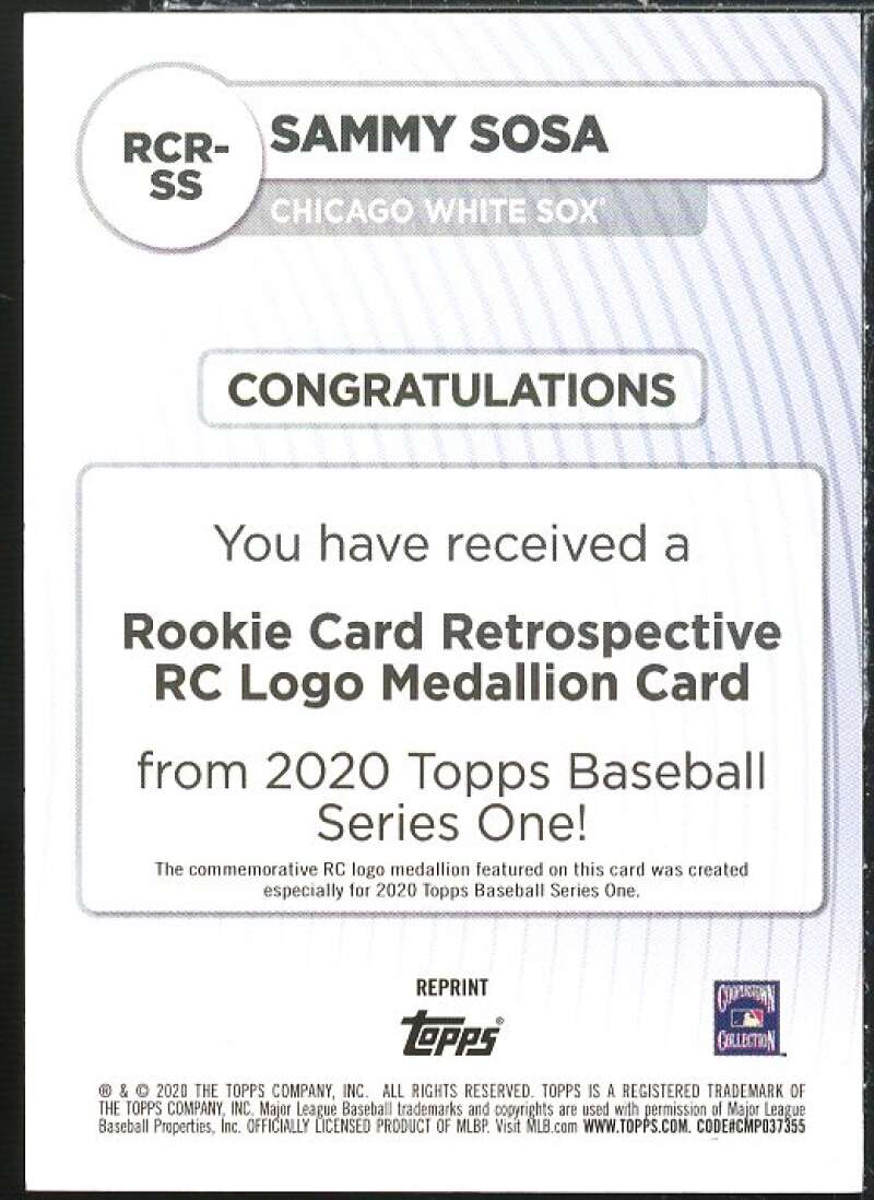 Sammy Sosa Card 2020 Topps Rookie Card Retrospective RC Logo Medallions #RCRSS Image 2