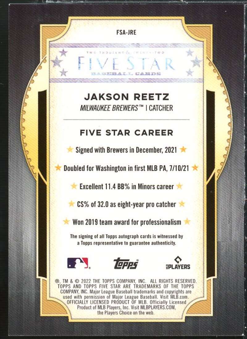 Jakson Reetz Rookie Card 2022 Topps Five Star Autographs #FSAJRE Image 2