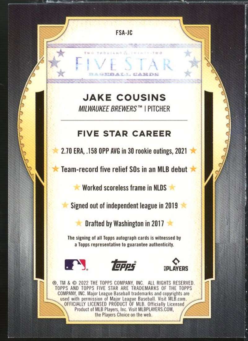 Jake Cousins Rookie Card 2022 Topps Five Star Autographs #FSAJC Image 2