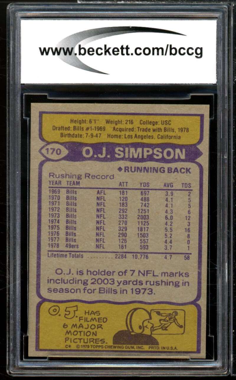 1979 Topps #170 O.J. Simspon Card BGS BCCG 9 Near Mint+ Image 2