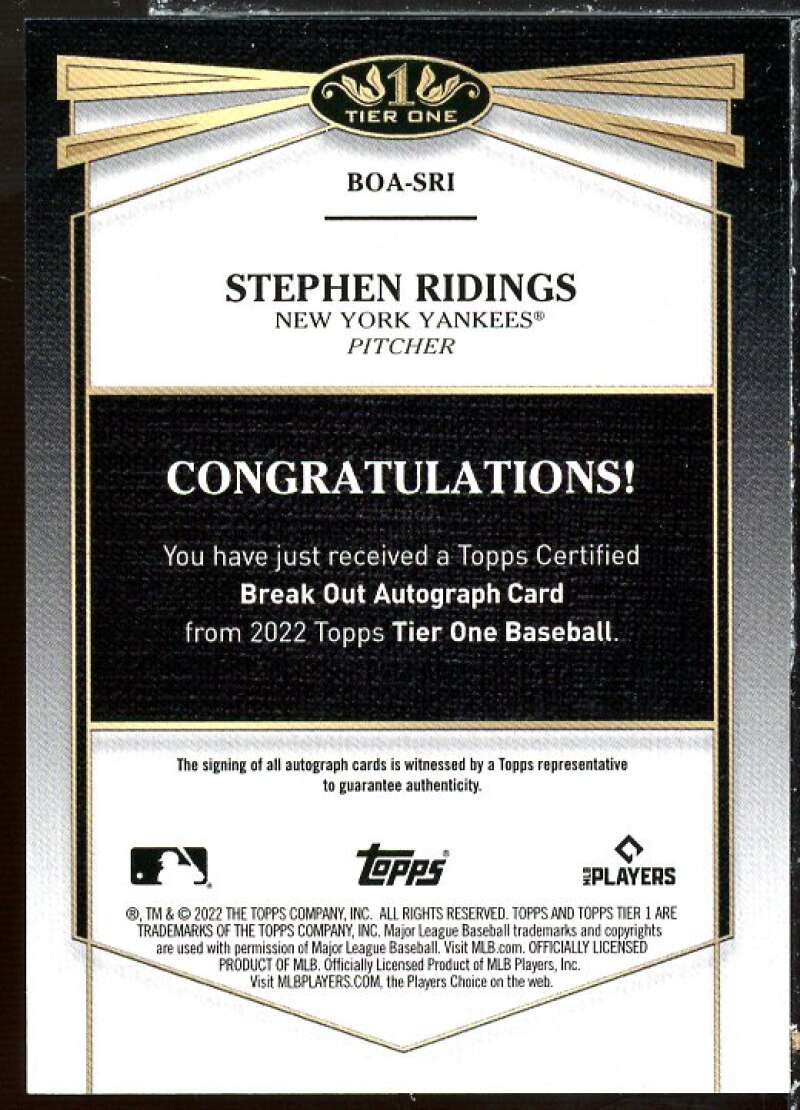 Stephen Ridings Rookie Card 2022 Topps Tier One Break Out Autographs #BOASRI Image 2