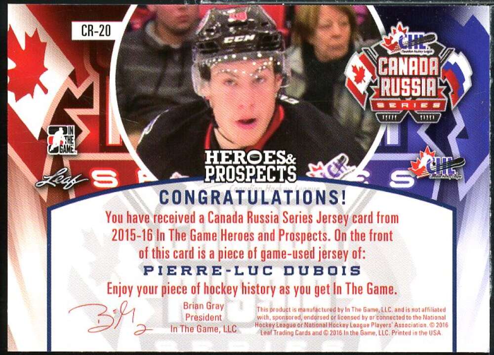 Pierre-Luc Dubois 2015 ITG Heroes Prospects Canada Russia Jerseys Purple #CR20  Image 2