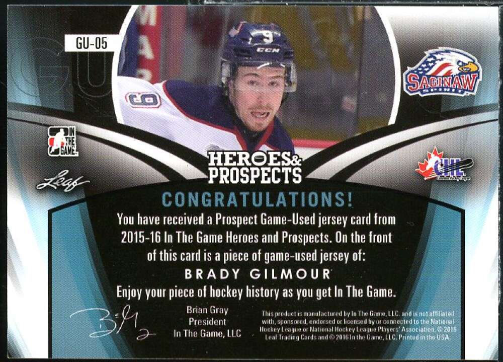 Brady Gilmour Rookie Card 2015-16 ITG Heroes and Prospects Jerseys #GU05  Image 2