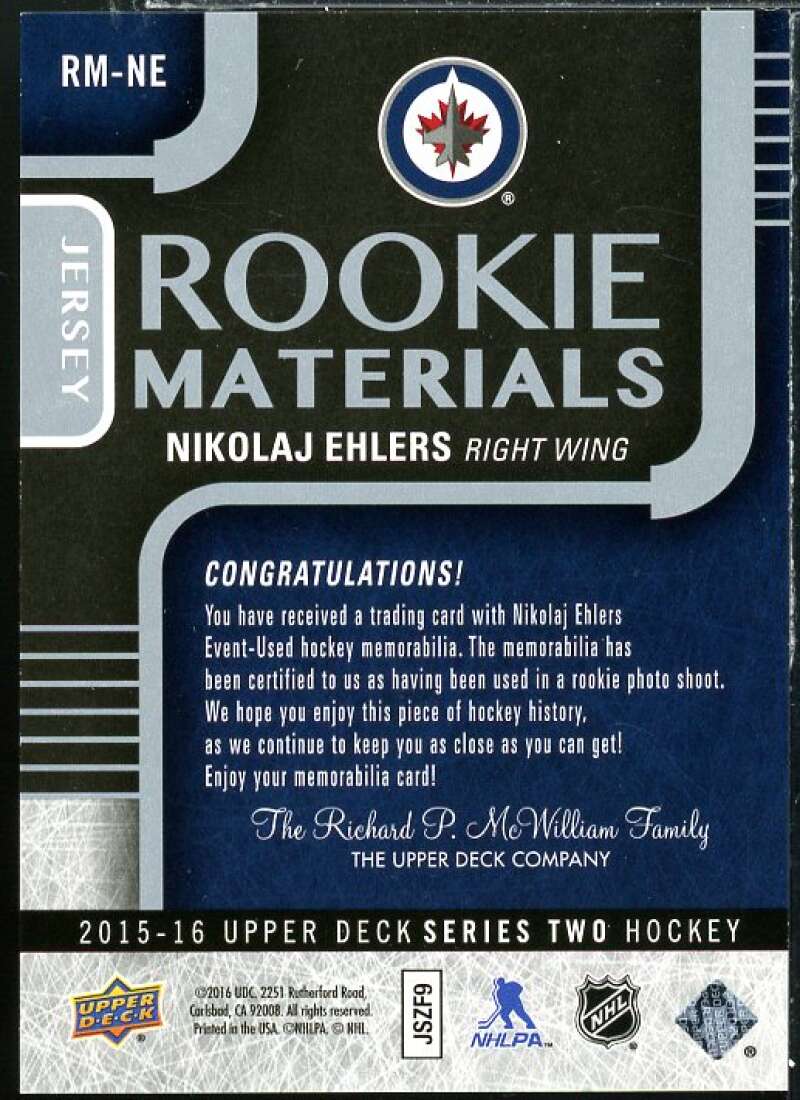 Nikolaj Ehlers Rookie Card 2015-16 Upper Deck Rookie Materials #RMNE  Image 2