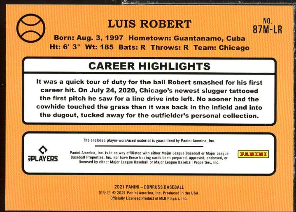 Luis Robert Card 2021 Donruss Retro '87 Materials #14 Image 2