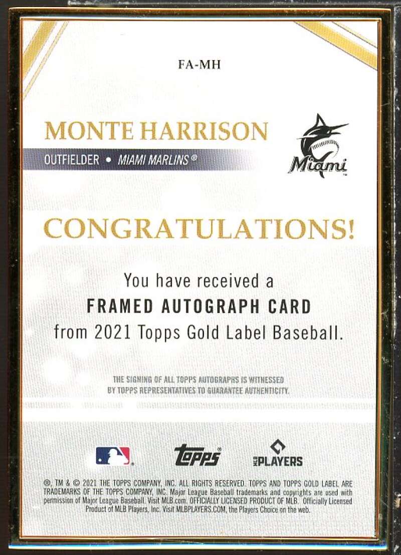 Monte Harrison Rookie Card 2021 Topps Gold Label Framed Autographs #FAMH Image 2