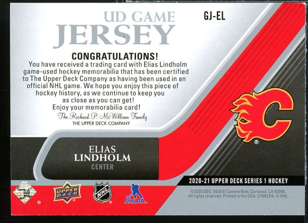 Elias Lindholm Card 2020-21 Upper Deck Game Jerseys #GJEL  Image 2