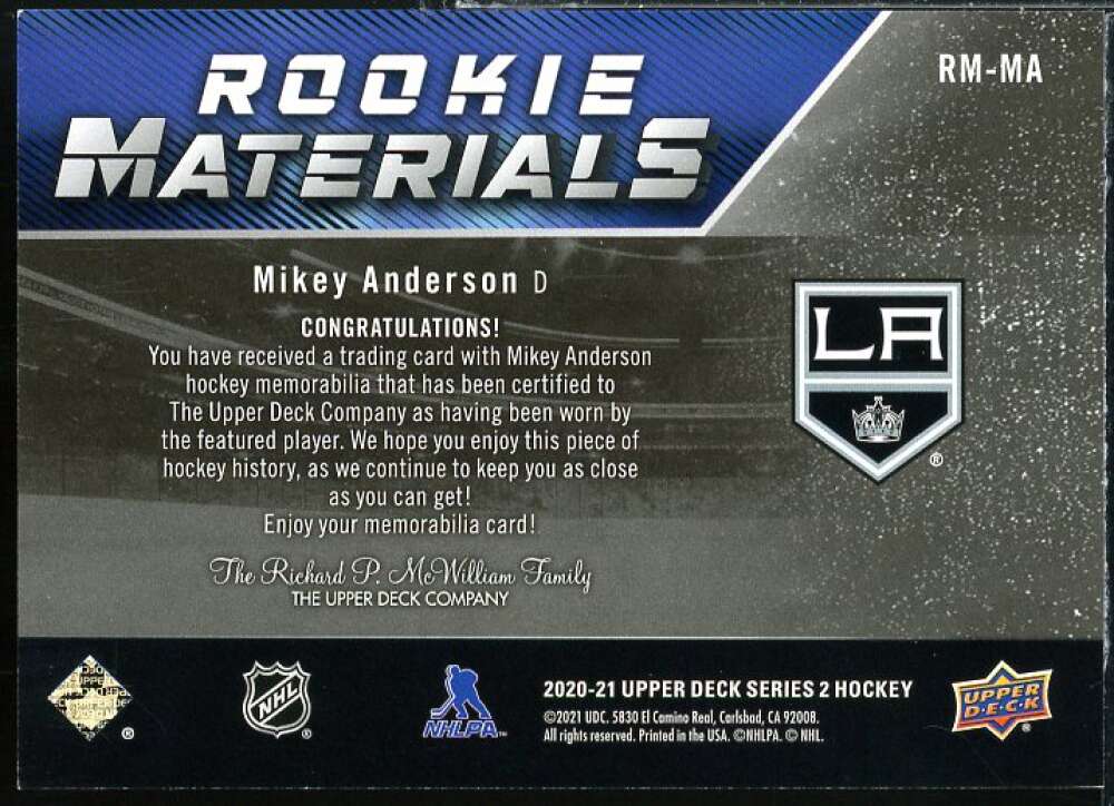 Mikey Anderson Card 2020-21 Upper Deck Rookie Materials #RMMA  Image 2