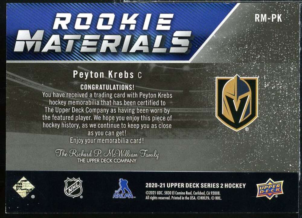 Peyton Krebs Card 2020-21 Upper Deck Rookie Materials #RMPK  Image 2