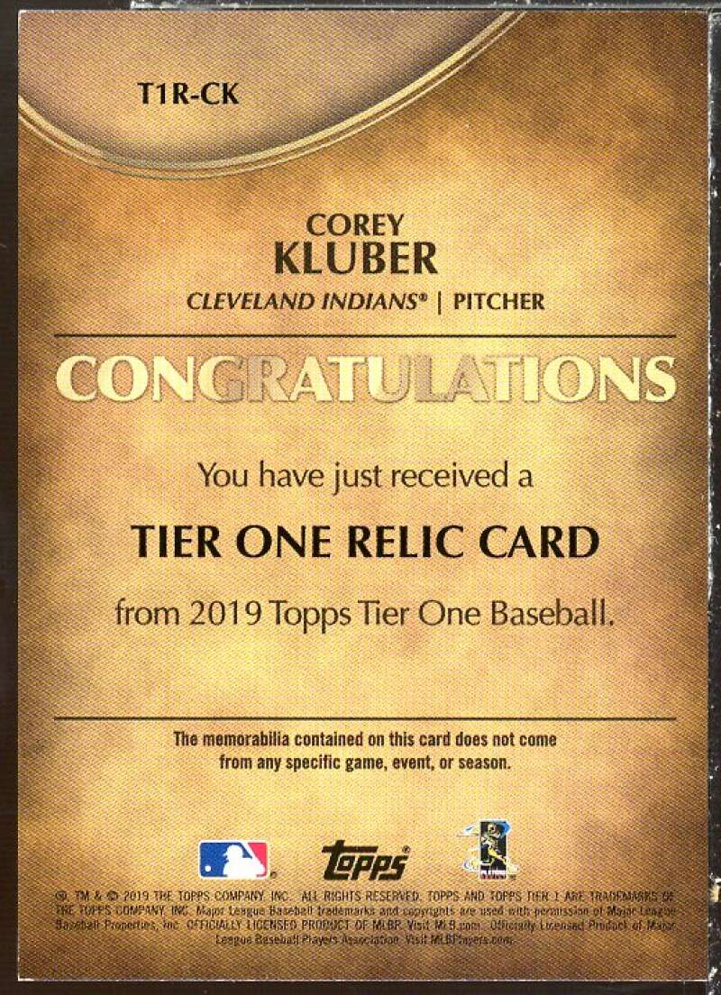 Corey Kluber Card 2019 Topps Tier One Relics #T1RCK Image 2