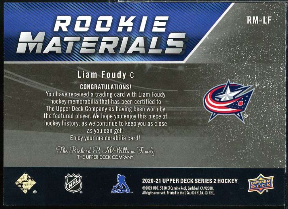 Liam Foudy Card 2020-21 Upper Deck Rookie Materials #RMLF  Image 2