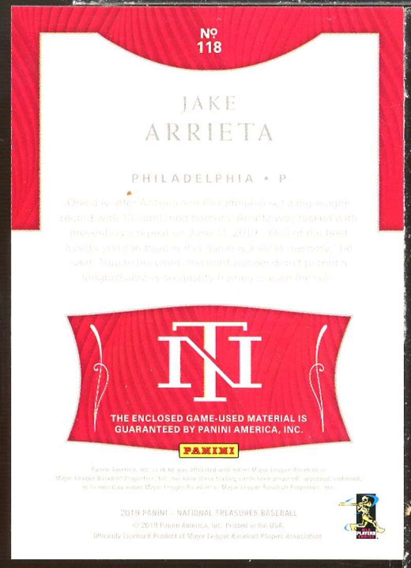 Jake Arrieta JSY Card 2019 Panini National Treasures #118  Image 2