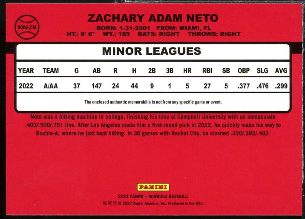 Zach Neto Rookie Card 2023 Donruss Retro '90 Materials #75  Image 2