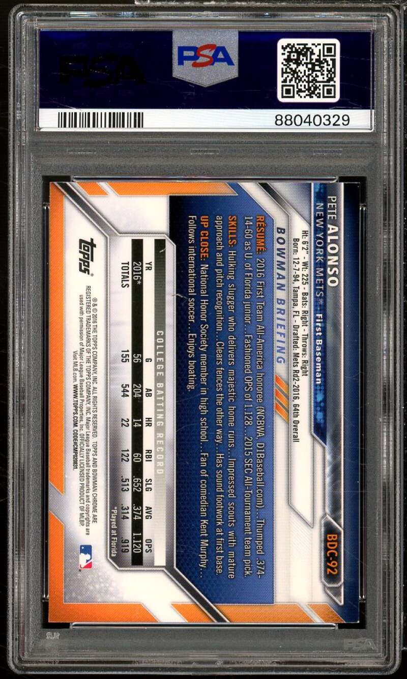 Pete Alonso Rookie Card 2016 Bowman Draft Chrome #BDC92 PSA 9 Image 2